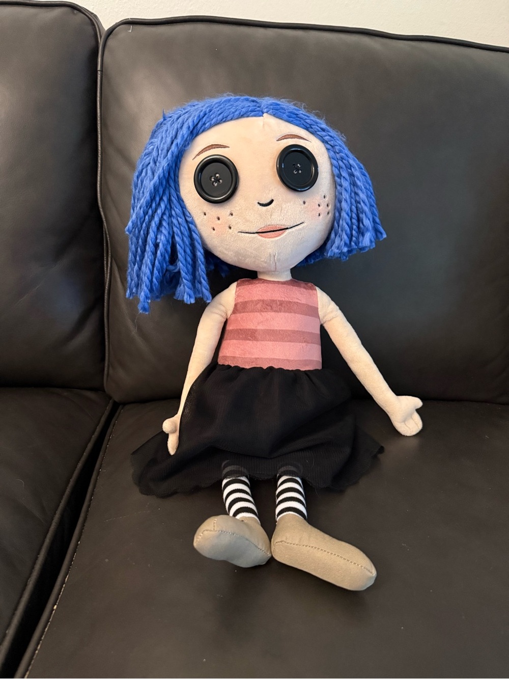 Blue-Haired Plush Doll with Pink Striped Top and Black Skirt